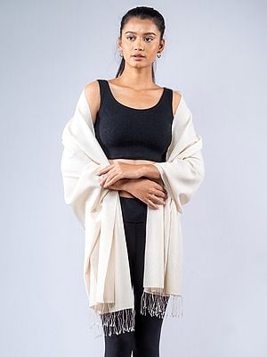 Off-White Pashmina Silk Stole from Nepal with Fringe