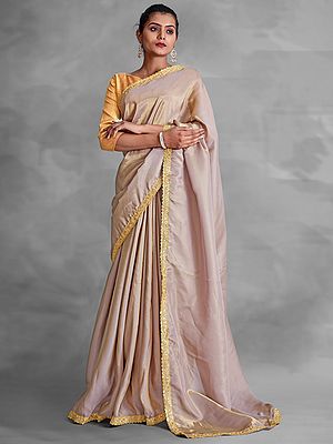 Organza Satin Heavy Crepe Shimmer Fabric Saree And Sequins Embroidery Vine Pattern Scalloped Border With Blouse