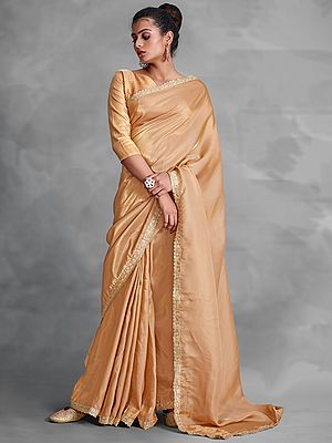Organza Satin Heavy Crepe Shimmer Fabric Saree and Sequins Embroidery Vine Pattern Scalloped Border with Blouse