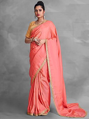 Organza Satin Heavy Crepe Shimmer Fabric Saree and Sequins Embroidery Vine Pattern Scalloped Border with Blouse
