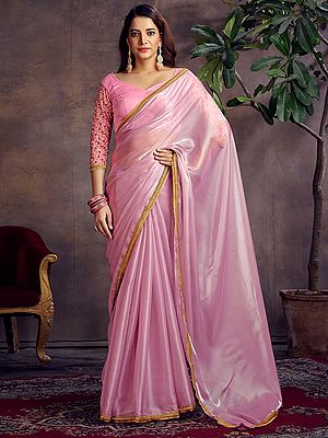 Satin Organza Saree with Spiral Multi-Sequins Embroidery on Blouse with Heavy Coding Border