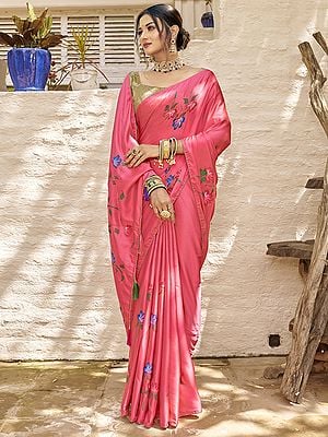 Japan Satin Saree with All-Over Hand-Painted Floral Motif with Blouse and Latkan on Pallu