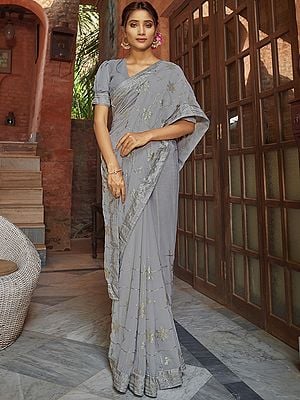 Georgette Saree With Beautiful Jaal Multi-Sequins Embroidery With Blouse