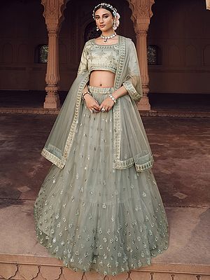All-Over Floral Butta Viscos Thread-Sequins Embroidered Heavy Net Lehenga With Lino Silk Choli And Dupatta