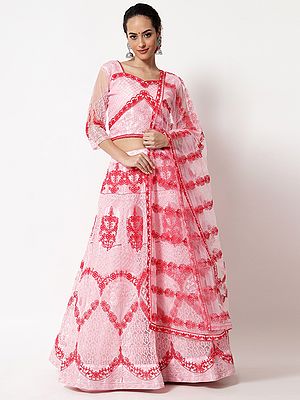 Baby-Pink Net Mughal Motif Lehenga Choli With All-Over Thread Embroidery And Dupatta