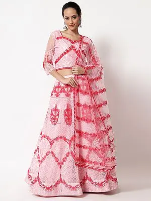 Baby-Pink Net Mughal Motif Lehenga Choli with All-Over Thread Embroidery and Dupatta