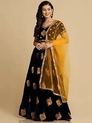 Blue Velvet Lehenga Choli with Floral Butta with Thread Embroidery and Lace Work Net Dupatta