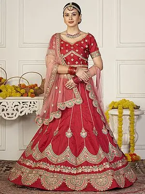 Red Taffeta Silk Designer Lehenga Choli with Meena Work Thread Embroidery and Scalloped Net Dupatta