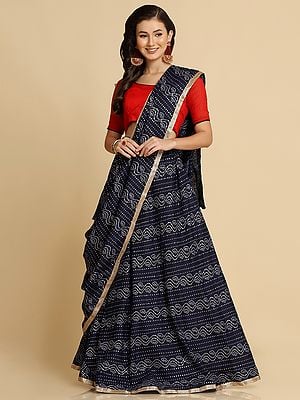 Blue Cotton Silk Badhani Print Lehenga With Banglory Silk Plain Red Choli And Matching Cotton Satin Dupatta