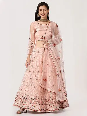 Vanilla-Cream Net Lehenga Choli with All-Over Thread Embroidered Vine Pattern Meena Work and Floral Butta Dupatta