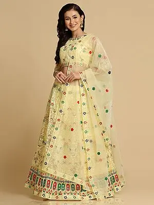 Yellow Net Lehenga Choli with Thread Embroidered Phool Bail Meena Work and Butti Motif on Dupatta