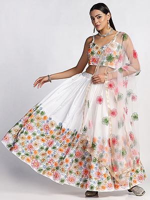 White Taffeta Silk Meena Floral Butta Lehenga Choli With Thread Embroidery And Dupatta