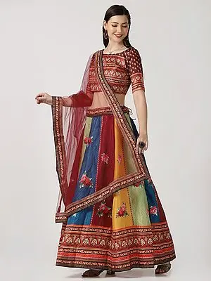 Multicolor Banglory Silk Floral Printed Lehenga Choli with Net Dupatta