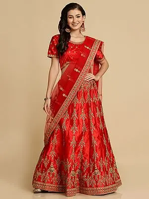 Red Taffeta Silk Floral Laddi Pattern Lehenga Choli with Thread Embroidery and Net Dupatta