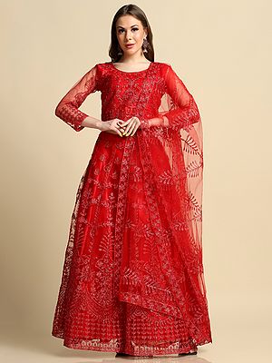 True-Red Net Lehenga Choli with All-Over Thread Work Floral Motif and Net Dupatta