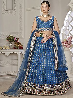 Diva-Blue Laddi Pattern Net Lehenga Choli With Thread Embroidery And Matching Dupatta