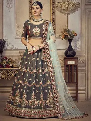 Stucco Taffeta Silk Lehenga Choli with Mughal Motif Thread Embroidery and Phool Butta Net Dupatta