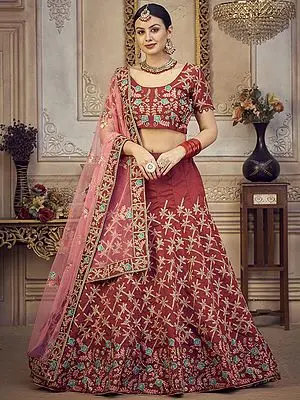 Tomato Puree Taffeta Silk Embroidered Lehenga Choli with Floral Motif Thread Work and Net Dupatta