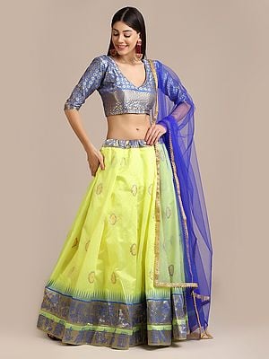 Yellow-Blue Jacquard Silk Zari Woven Lehenga Choli with Depiction of Village Through Motifs and Net Dupatta