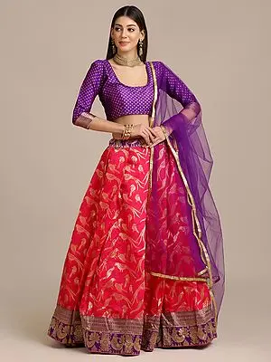 All-Over Zari Woven Jacquard Silk Parrot Motif Red Lehenga with Chowkadi Butti Pattern Parpur Choli and Net Dupatta