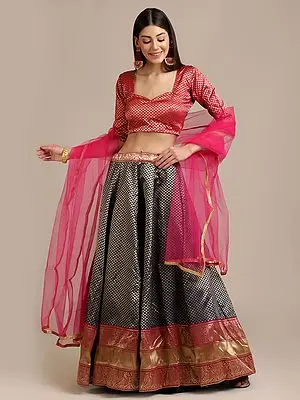 Jacquard Silk All-Over Golden Zari Woven Seamless Triangle Motif Blue Lehenga with Red Choli and Net Dupatta