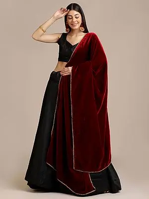 Moonless-Night Banglory Silk Plain Lehenga Choli with Lace Work Velvet Dupatta