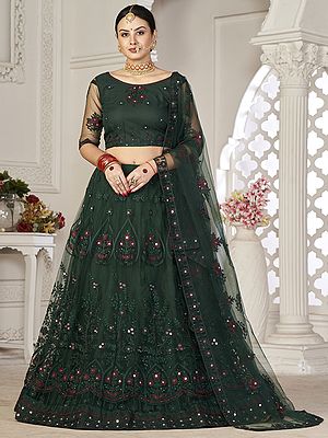Dark-Green Mughal Motif Net Lehenga Choli With Thread-Mirror Embroidery And Matching Dupatta