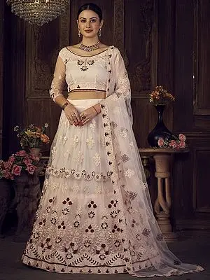 Cream Net Lehenga Choli with Thread Embroidery Meena Mughal Butta with Dupatta