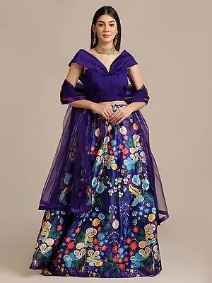 Royal-purple Banglory Silk Tree Printed Lehenga Choli with Net Dupatta