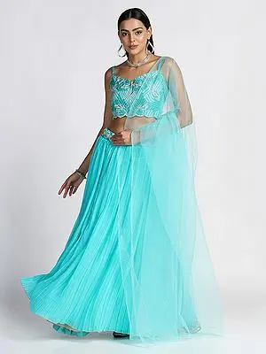 Tanager-Turquoise Pleated Style Georgette Lehenga with Taffeta Silk Embroidered Choli and Net Dupatta