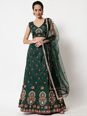 Green Taffeta Silk Meena Work Lehenga Choli With Mughal-Floral Butta Motif Thread Embroidery And Net Dupatta