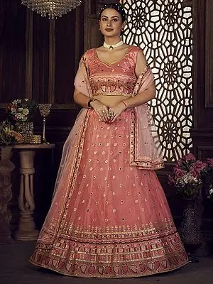 Peach Net Kalka Butta Lehenga Choli With Sequins-Thread Embroidery And Dupatta