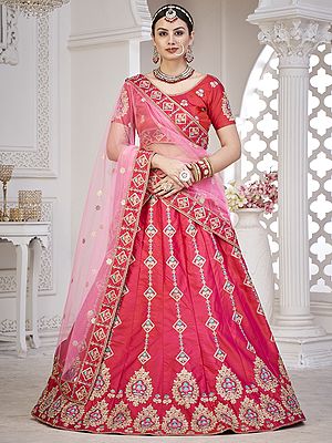 Peach Net Kalka Butta Lehenga Choli with Sequins-Thread Embroidery and Dupatta