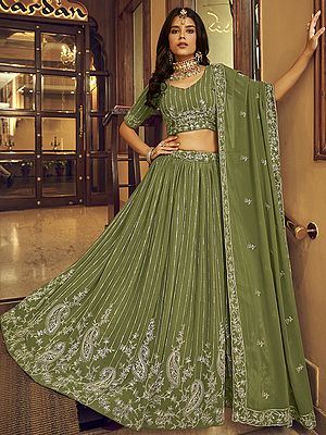Faux Georgette Stripes-Paisley Pattern Lehenga Choli with Viscos Thread-Sequins Embroidery and Matching Dupatta