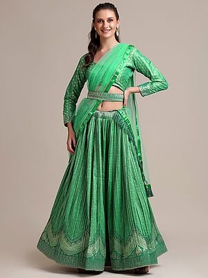 Rama-Green Jacquard Silk Woven Botis Lehenga Choli With Frings Dupatta