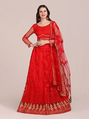 Red Soft Net Embrodered Lehenga Choli With Scalloped Dupatta