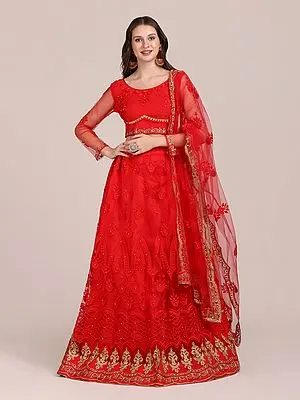 Red Soft Net Embroidered Lehenga Choli with Scalloped Dupatta