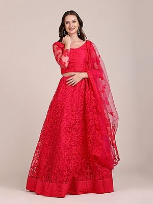 Paradise-Pink Soft Net All Over Thread Work Embroidered Lehenga Choli With Scalloped Dupatta