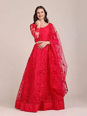 Paradise-Pink Soft Net All Over Thread Work Embroidered Lehenga Choli with Scalloped Dupatta
