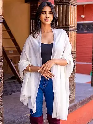 Brilliant-White Pure Pashmina Cashmere Plain Stole from Nepal