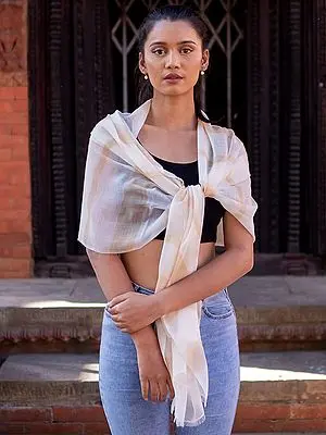Cannoli-Cream Stripe Pattern Pure Pashmina Cashmere Stole from Nepal