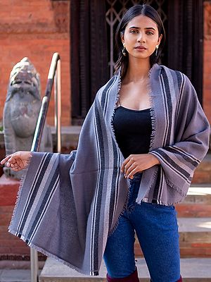 Frost-Gray Pure Pashmina Cashmere Stole with Border Stripe Pattern from Nepal