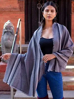 Frost-Gray Pure Pashmina Cashmere Stole with Border Stripe Pattern from Nepal