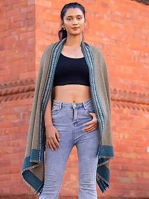 Mini-Check Motif Pure Pashmina Cashmere Stole from Nepal with Dhaka Pattern on Border