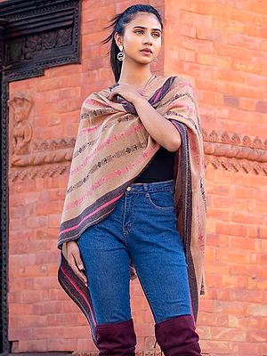 Cuban-Sand Dhaka Pattern Pure Pashmina Cashmere Stole From Nepal