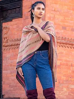 Cuban-Sand Dhaka Pattern Pure Pashmina Cashmere Stole from Nepal