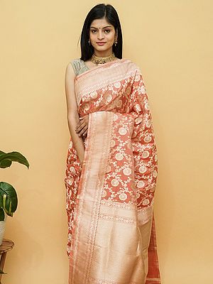 Pure Katan Silk Floral Jaal Pattern Banarasi Saree With Diamond Motif On Border-Pallu