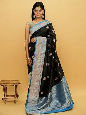 Moonless-Night Pure Katan Silk Banarasi Saree With Brocaded Floral Motif And All-Over Zari Work