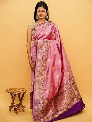 Pink-Power Pure Katan Silk Banarasi Saree With Zari Butta And Bail Pattern Border