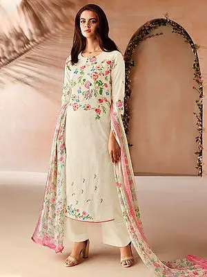 White Pure Cotton Palazzo Salwar with Floral Digital Print-Embroidered Kameez Suit and Embellished Dupatta